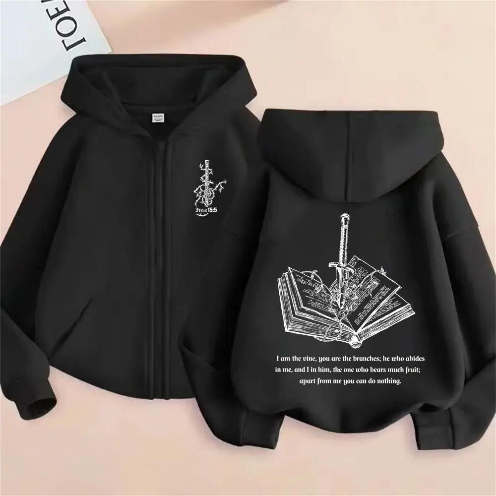 

Christian Jesus I Am The Vine You Are The Branches Bible Verse Zipper Hoodie Men Women Hip Hop Gothic Oversized Zip Up Jacket