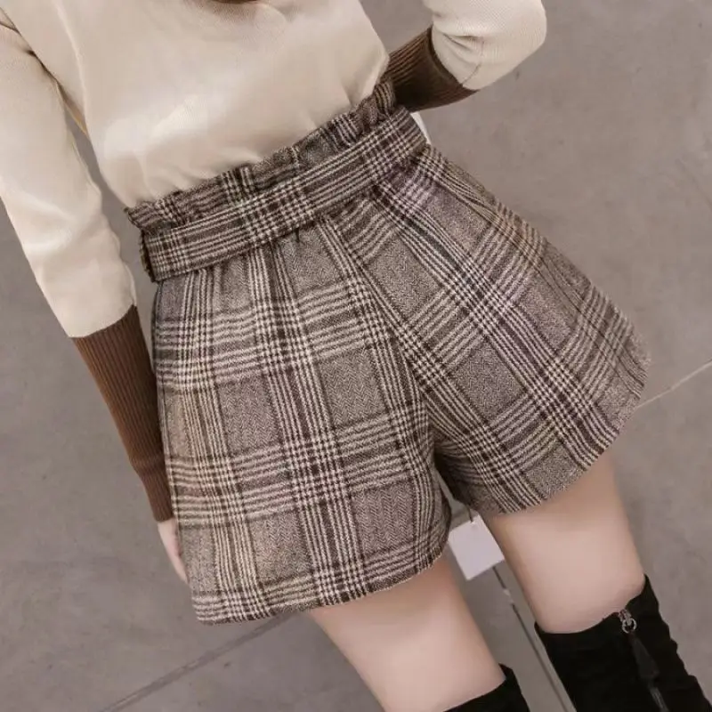 Korean Fashion Autumn Winter Women Plaid Woolen Pockets Casual Office Lady Loose Elastic High Waist Wide Leg Boots and Shorts