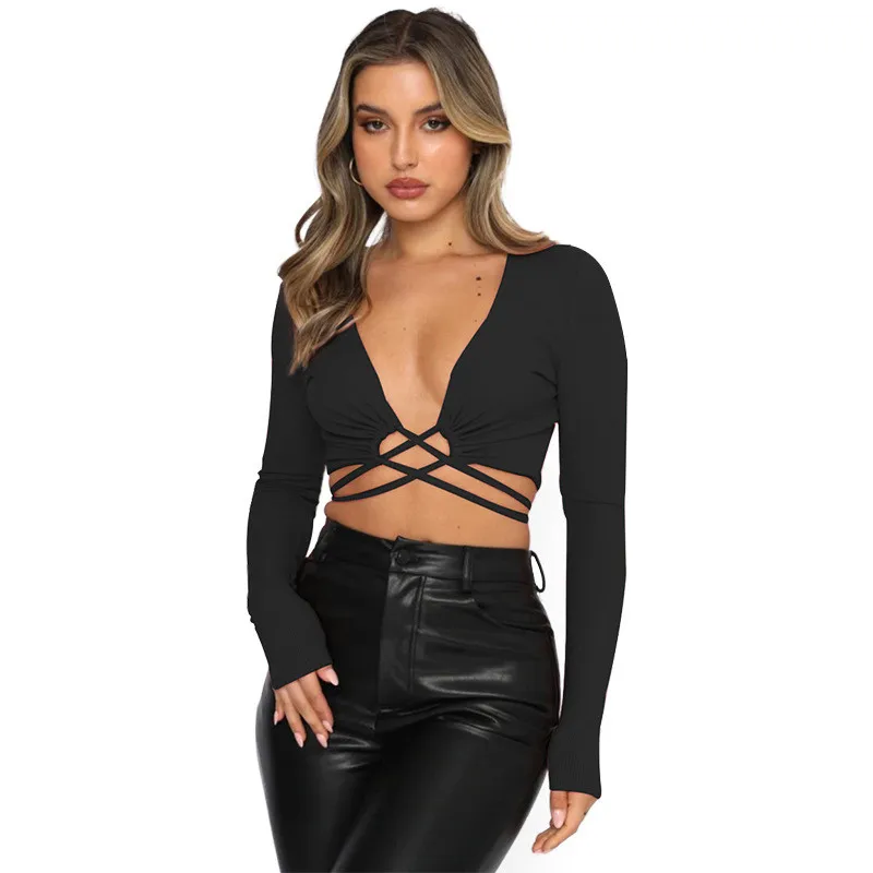 Deep V Neck Skinny T-Shirt For Women Sexy Lace Up Knitted Khaki Crop Top New Fashion Summer Long Sleeve Casual Bandage Y2K Shirt