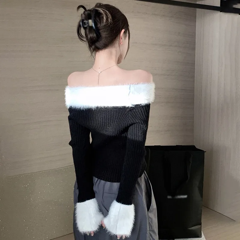 Lint Color Contrast Long Sleeves Pullover Top Knitted Slim Fashion Korean Version Women\'s Sweater Off Shoulder