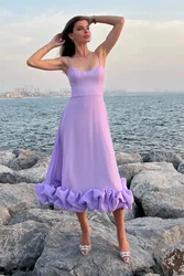 Women Flower Hem Pleated Spaghetti Strap Dress Elegant Solid Sleeveless A-line Backless Dress Female Party Vestidos
