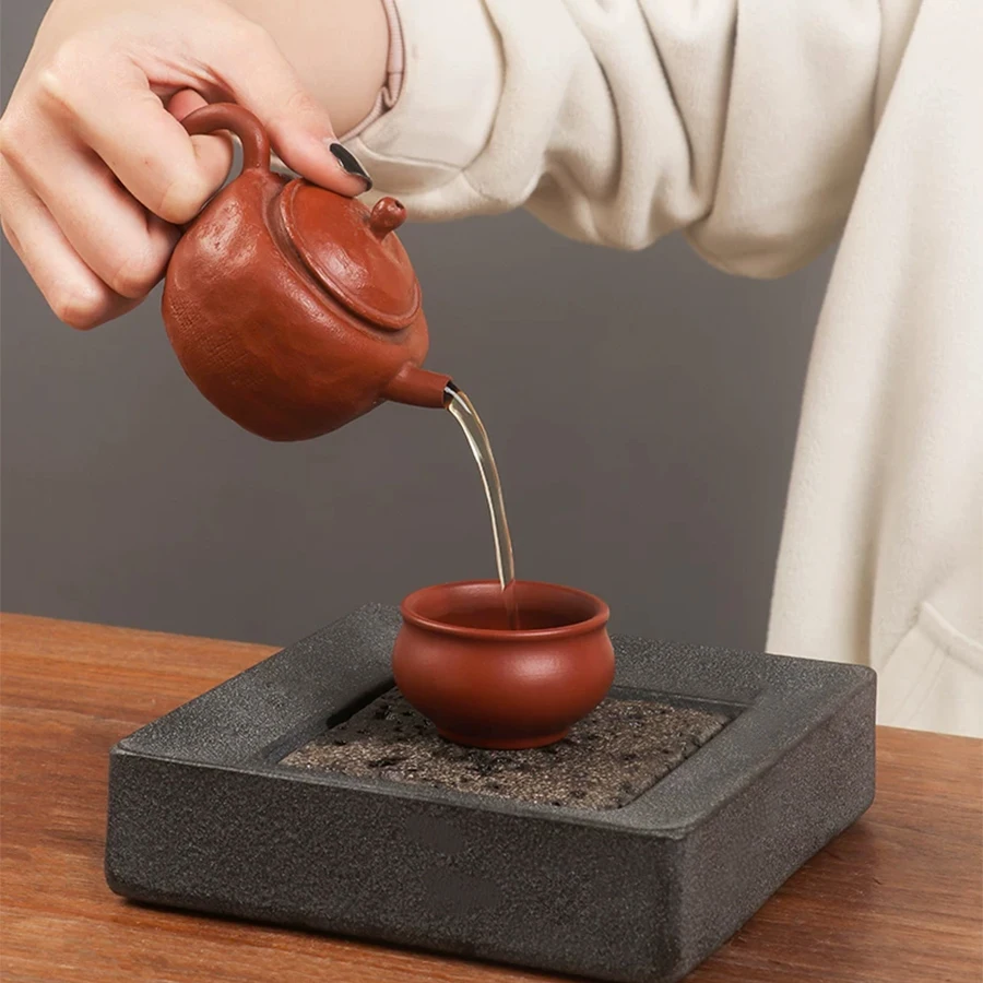 Tee-Tablett aus Naturstein, 15 cm, quadratisch, aus schwarzem Basalt, saugfähiger Teekannenhalter, Gongfu-Teezeremonie, Wabi-Sabi Zen Teegeschirr, Geschenk – Detail 8