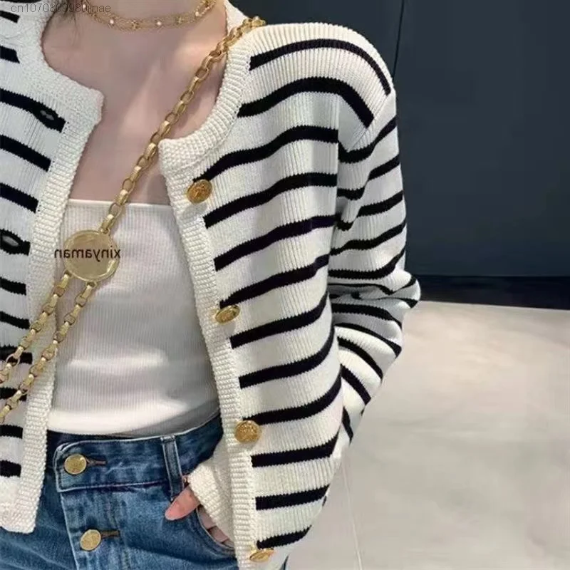 Striped Cotton Knitted Tops Women Autumn 2022 Soft Sweater Cardigan Loose Elegant Ladies Vintage Fashion Aesthetic Clothes Y2k