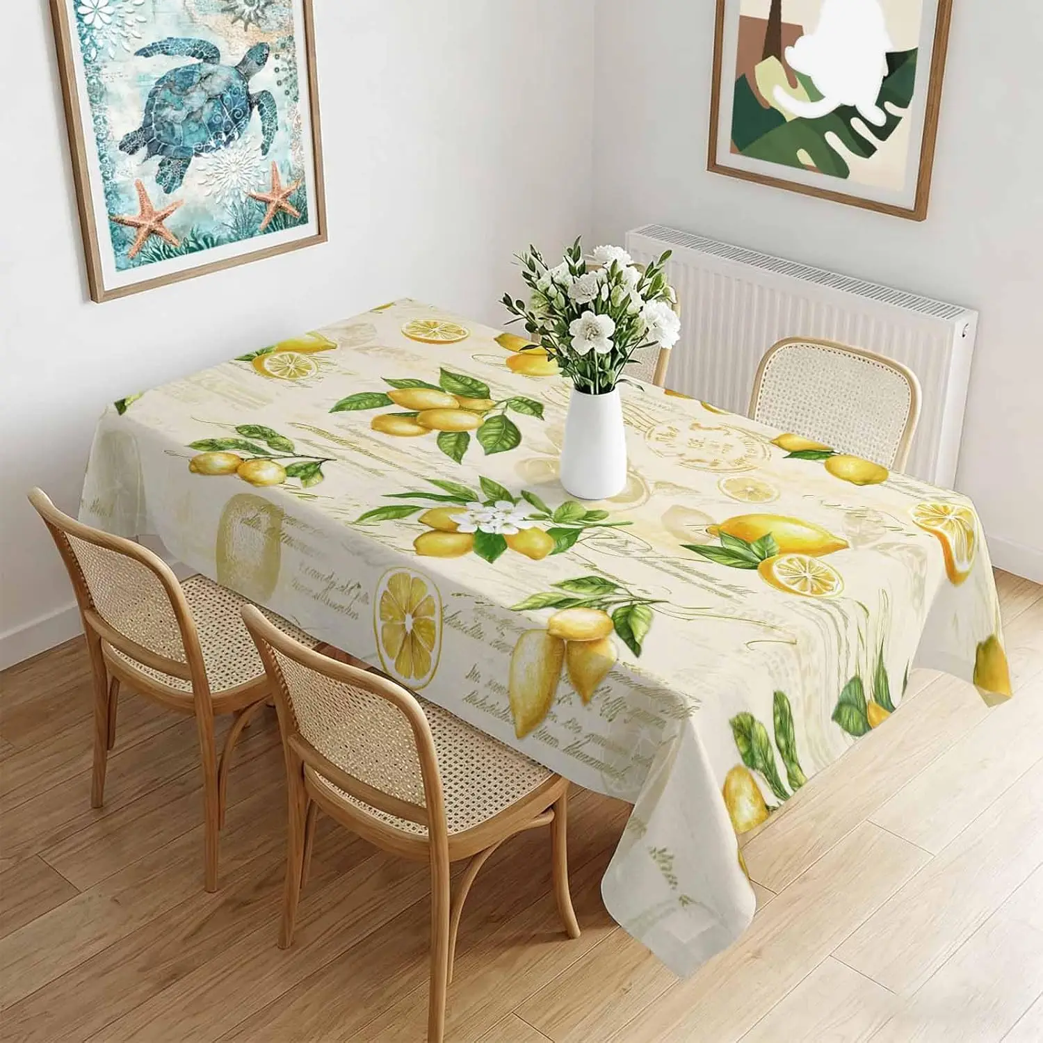 Summer Lemon Flowers Rectangle Tablecloth for Table Decor Farmhouse Retro Letter Print Kitchen Dining Table Cloth Party Decor