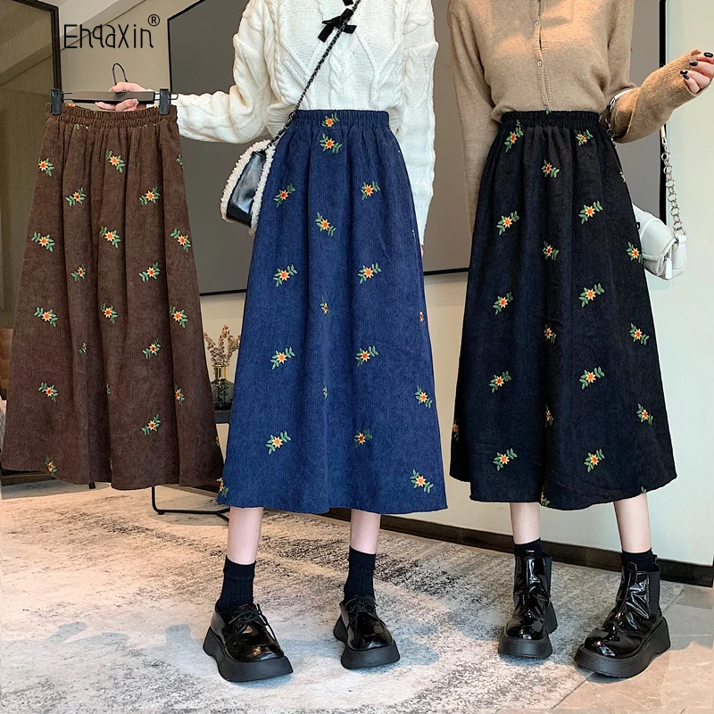 EHQAXIN 2024 Autumn Winter New Womens Half Skirt Fashion Korean Corduroy Embroidery Loose Casual Mid Length Half Skirts One Size