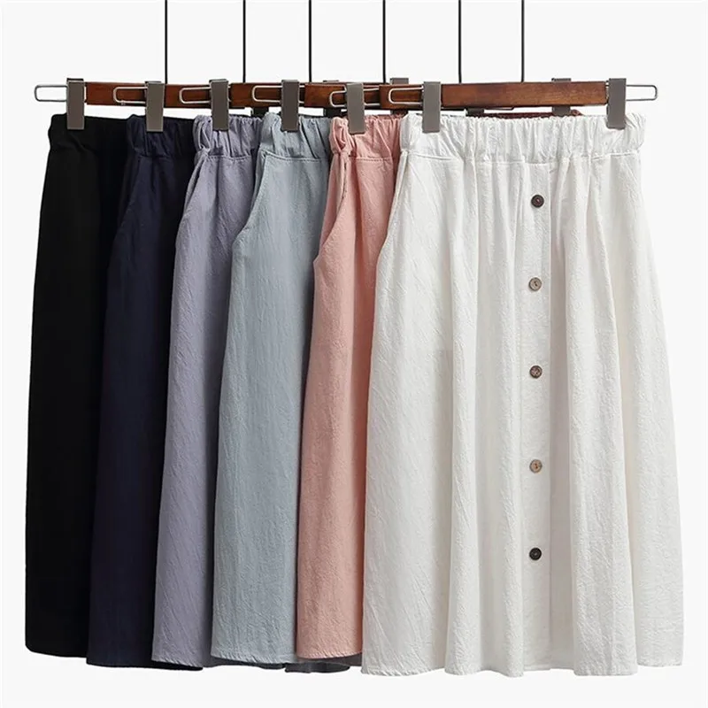 2026 frauen Neue Baumwolle Und Leinen Casual weiche atmungsaktive Röcke Hohe Taille Mode Mid-Kalb Röcke Solide A-Line Koreanische lose Schlank