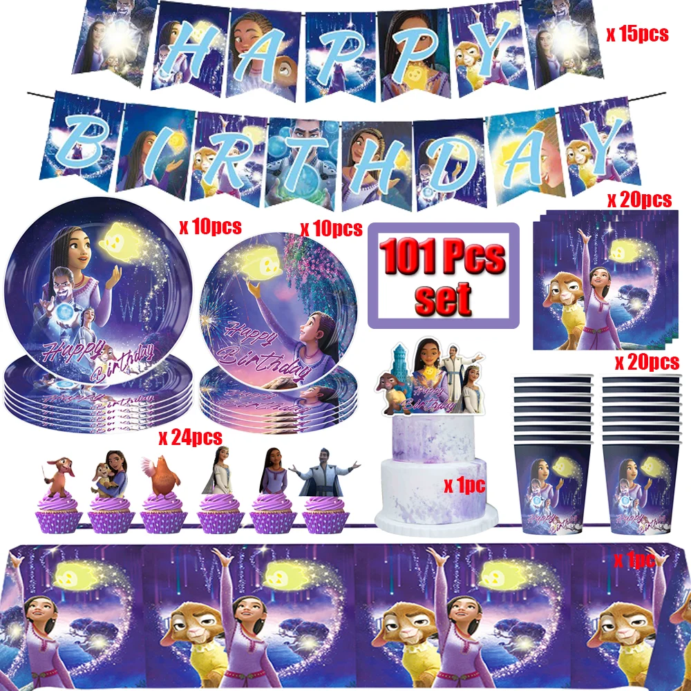 Disney Wish Asha Birthday Party Decor Princess Tablecloth Disposable Tableware Cup Plate Napkins For Kids Party Supplies Set