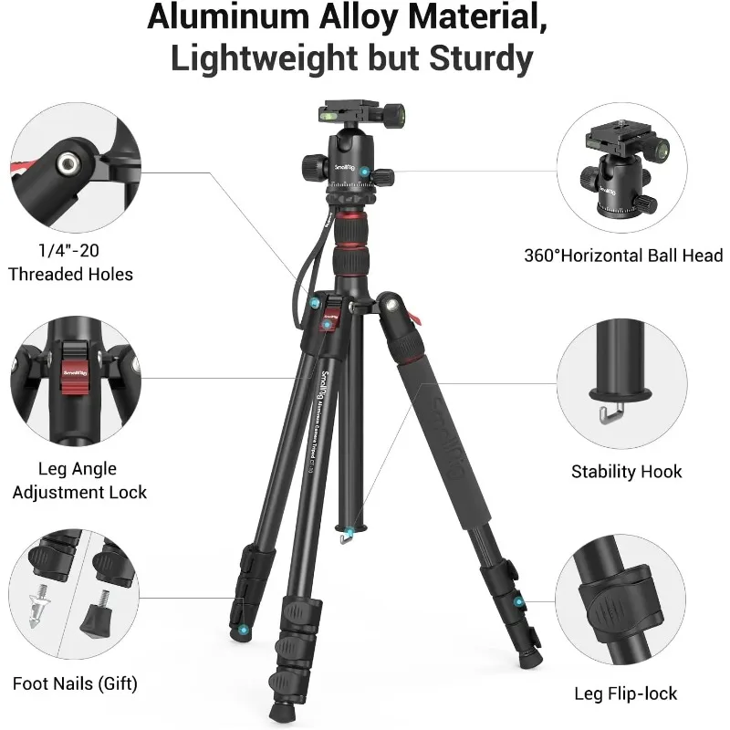 SmallRig CT-10 Lightweight Portable Aluminum Camera Tripod Height 59.3-180cm with Monopod 360° Ball Head for Phone Camera 3935