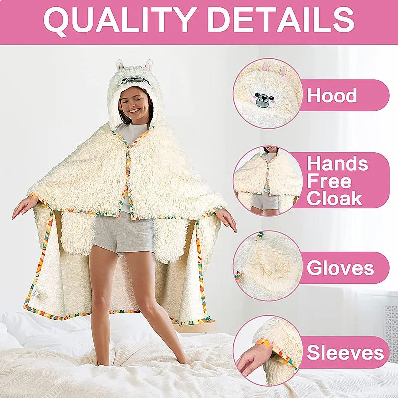 Cute TV Blanket Hooded Pajamas Thick Warm Alpaca Cloak PV Velvet Shawl Women Home Dress
