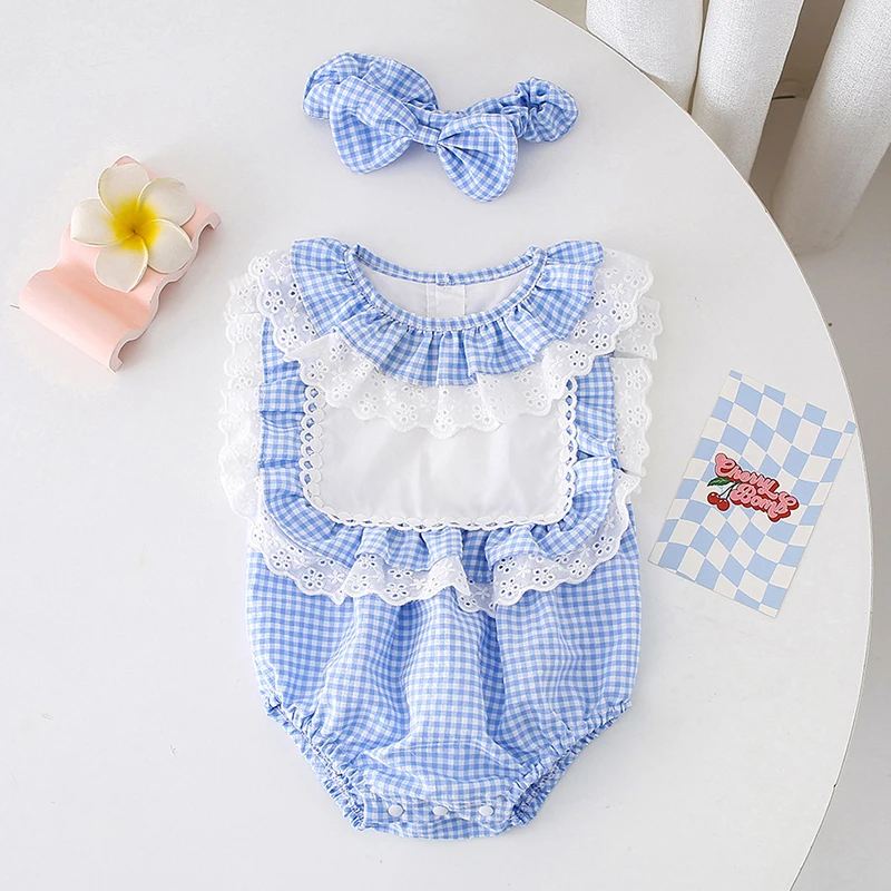 Princess Toddler Infant Baby Girls Sleeveless Plaid Romper Summer Kids Girls Sweet Lace Dress Summer Baby Girls Sister Clothes