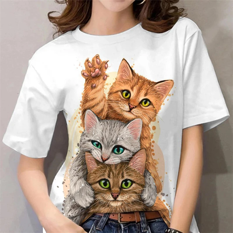 Women's T-shirt Kawaii Cat Print 3D T Shirt Top Girls Y2k Clothing Summer Short Sleeve Tees V-neck Casual Holiday Female T-shirt