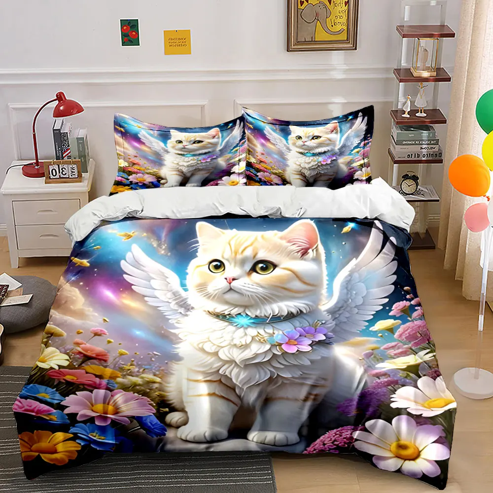 Angel Cat Three-Piece Fantasy Decor Exquisite three-piece bedding set gift for kids and adults