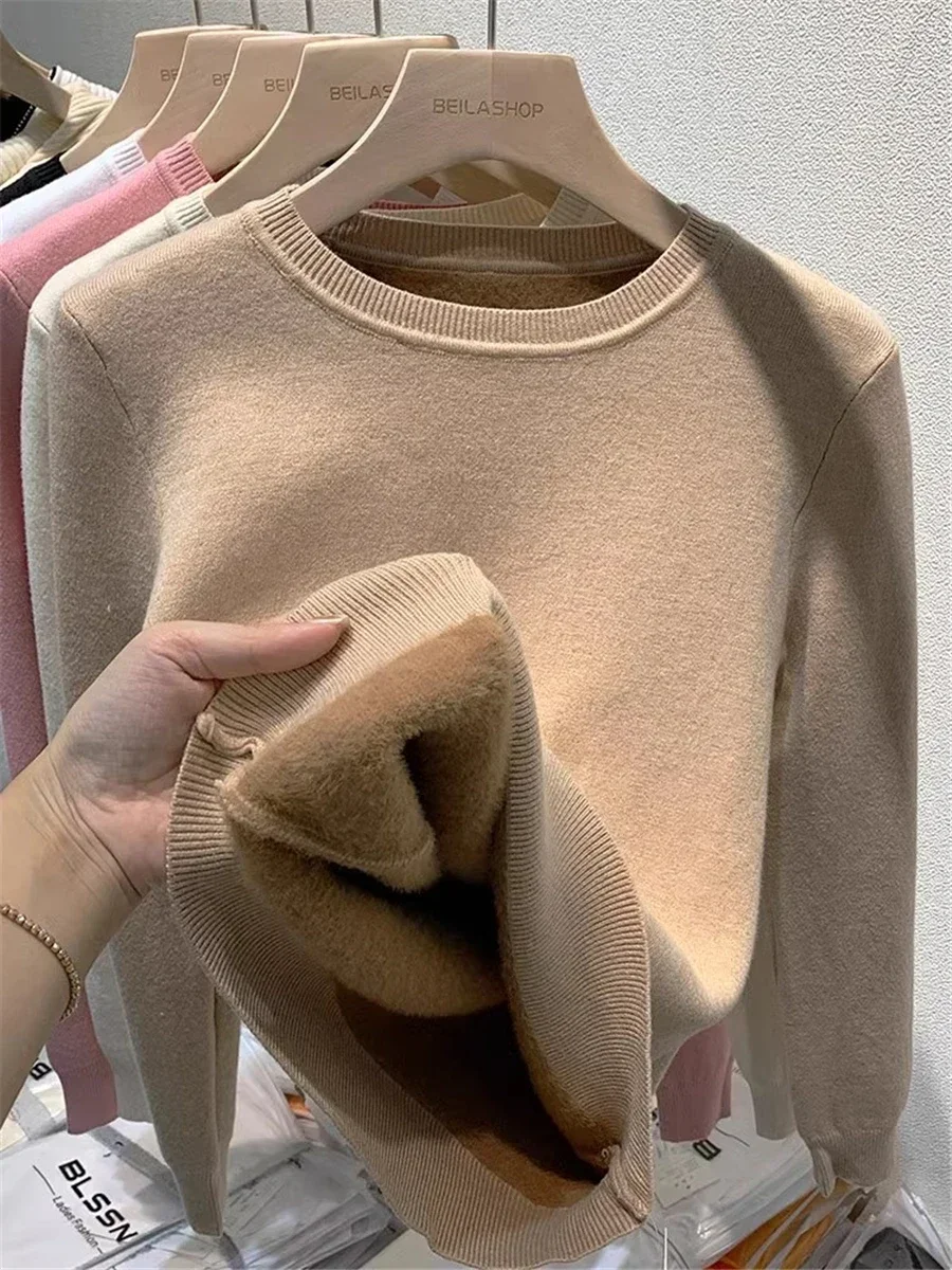 

Pink Sweater Women Winter Thick Warm Knit Pullover Slim Plush Velevt Lined Knitwear Jumper Long Sleeve Tops O-neck Poleras Mujer