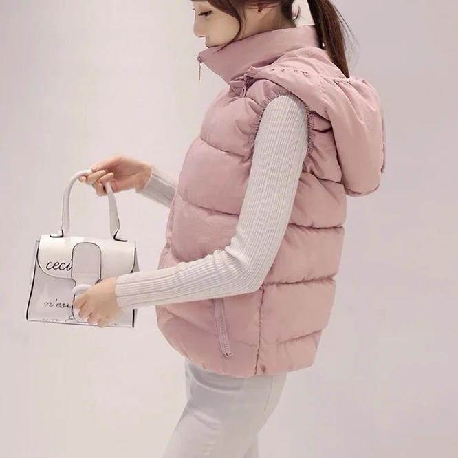 2021 Autumn Winter Women's Down Cotton Vest  Coat Girls Wear Casual Zipper Hooded Vest To Keep Warm And Light White