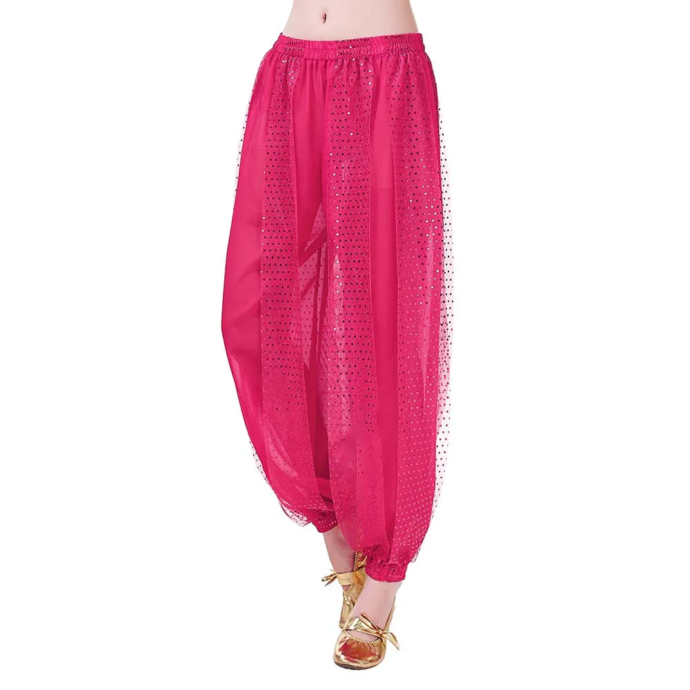 Women Belly Dance Harem Pants Shiny Sequin Chiffon Loose Bloomers Arabic Indian Lantern Pants for Cosplay Stage Performance image 4