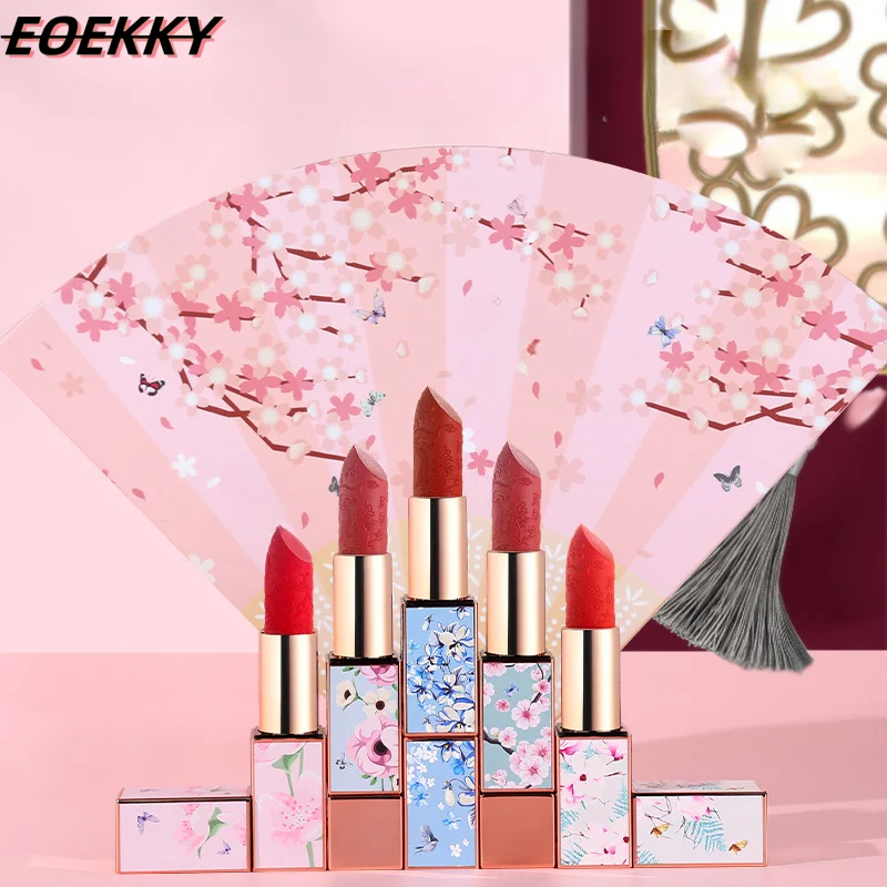 EOEKKY Qixi Fan Small Pink Chinese Style Carving 5-piece lipstick set with Pink Ethnic fan lipstick gift makeup