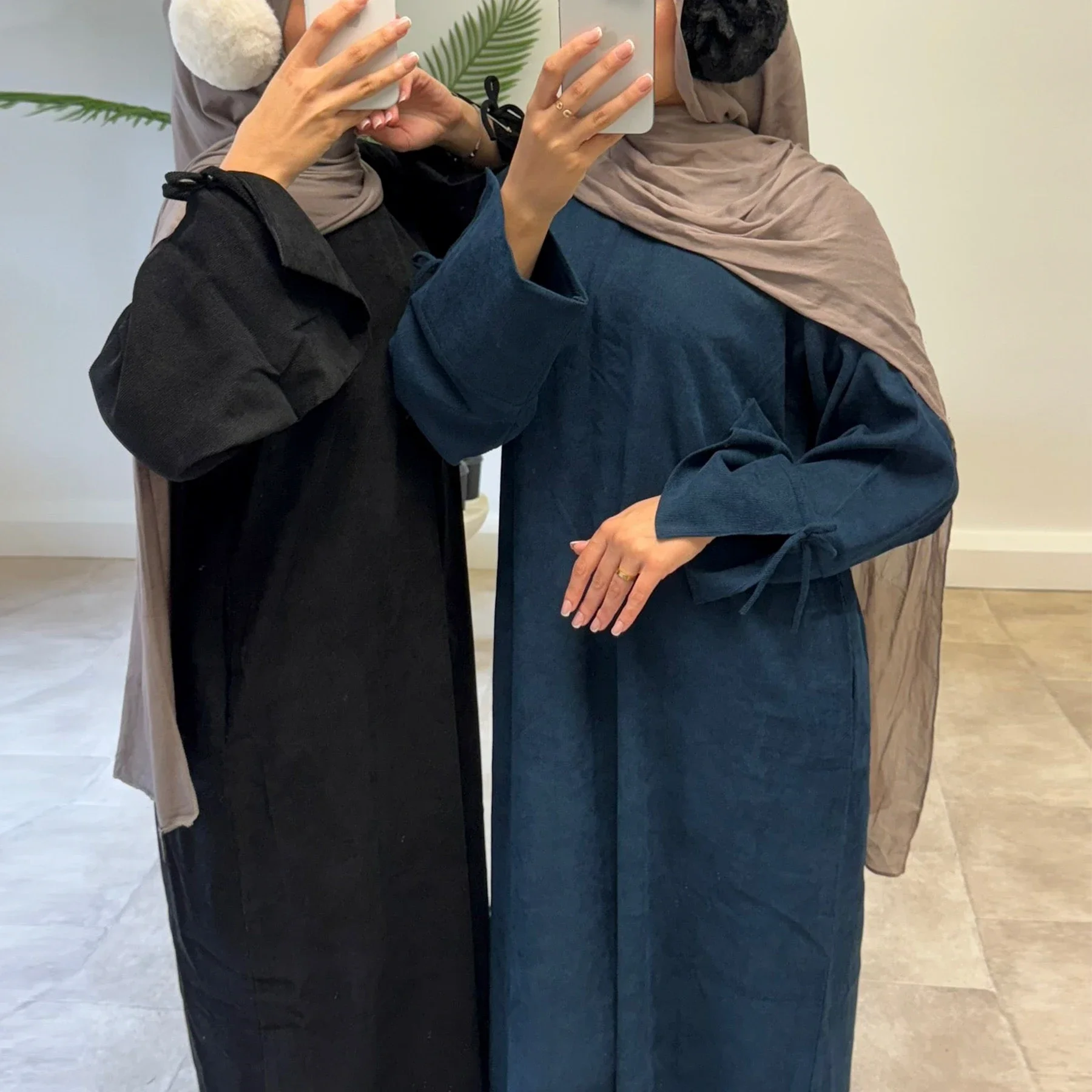 Schleife Dekorationen Cord Abaya muslimische Frauen Kleid, O-Ausschnitt Seitentaschen, warm locker bescheidener Islam Hijabi Robe, Ramadan, Herbst