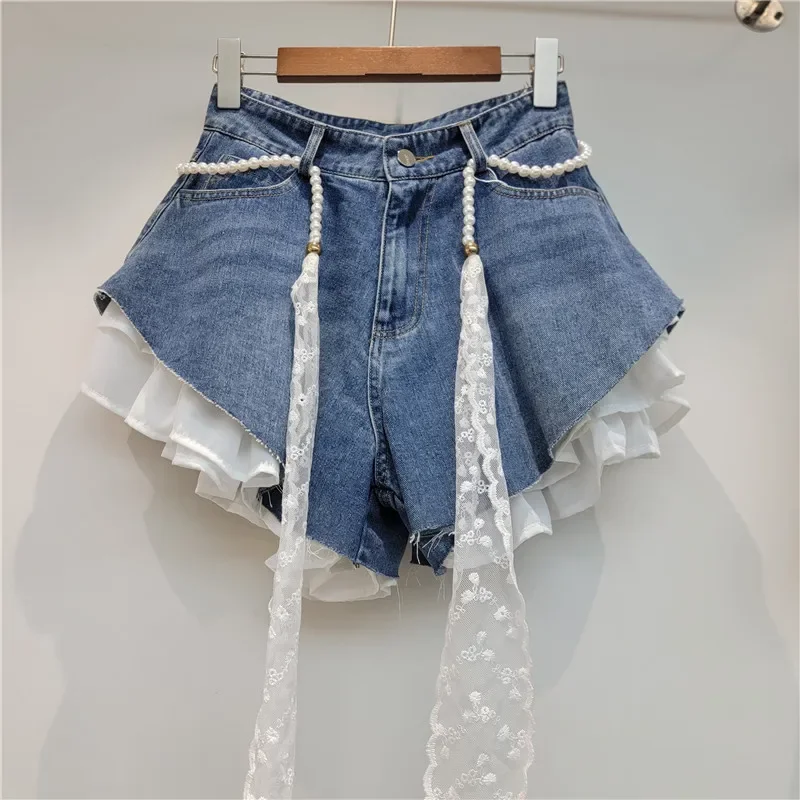Short Pant Women Splice Belt A Line Jeans Loose Mid Waist Straight Trousers Y2k Streetwear Work Beach Denim Lace 2026 view 3