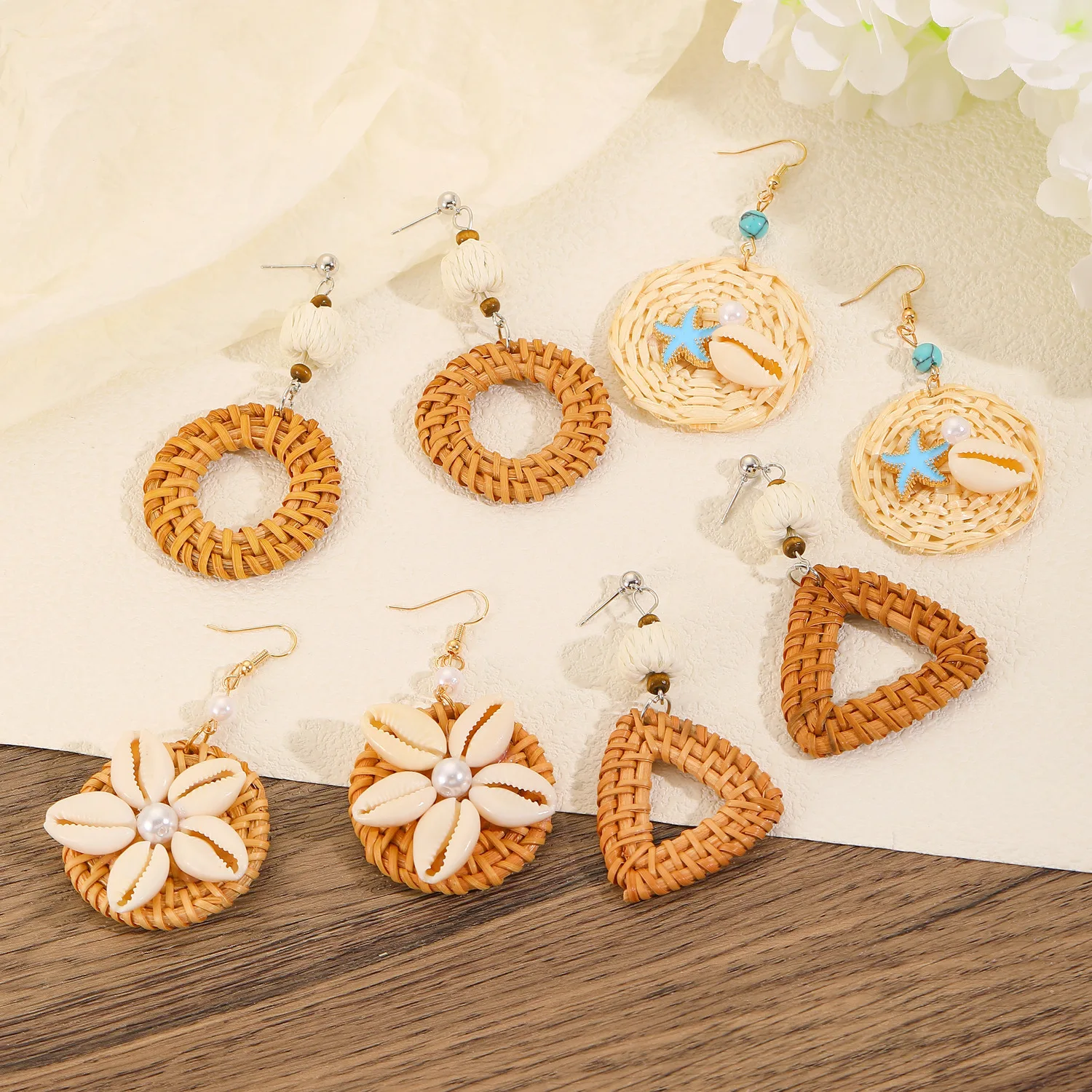 

Geometric Wooden Rattan Woven Shell Flower Boho Ethnic Style Women's Drop Earrings Circle Triangle Shape Beach Summer Jewelry