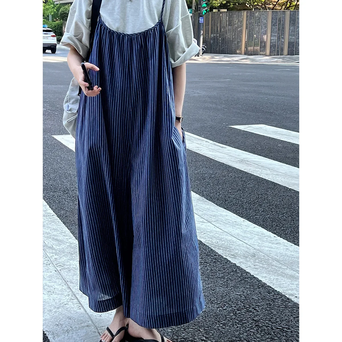 Blue Striped Wide Leg Overalls for Women's Summer Loose Casual Wide Leg Sling Jumpsuit Pants