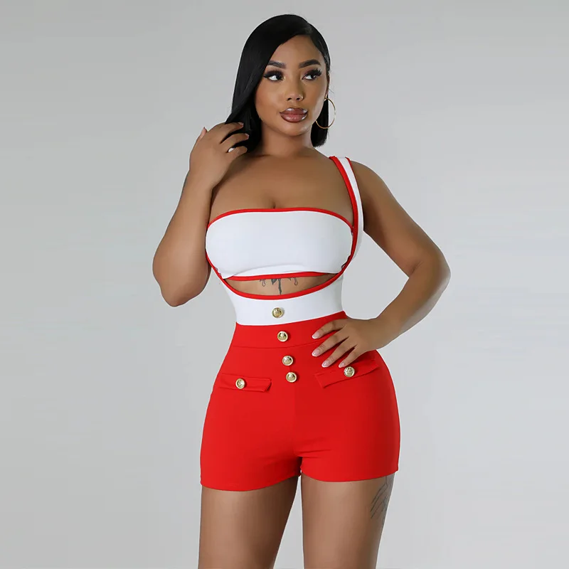 

Color Patchwork Sexy Two Piece Set Women 2024 Summer Tube Crop Tops Sleeveless Straps Playsuits Stretch Casual Streetwear