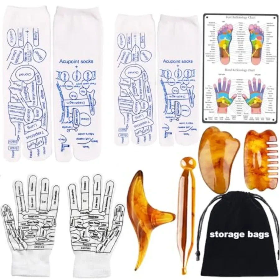 Reflexology Socks with Gloves Tools Set for Foot Massage Therapy at Home or Office Includes 4pc Trigger Point Massage Tools Des
