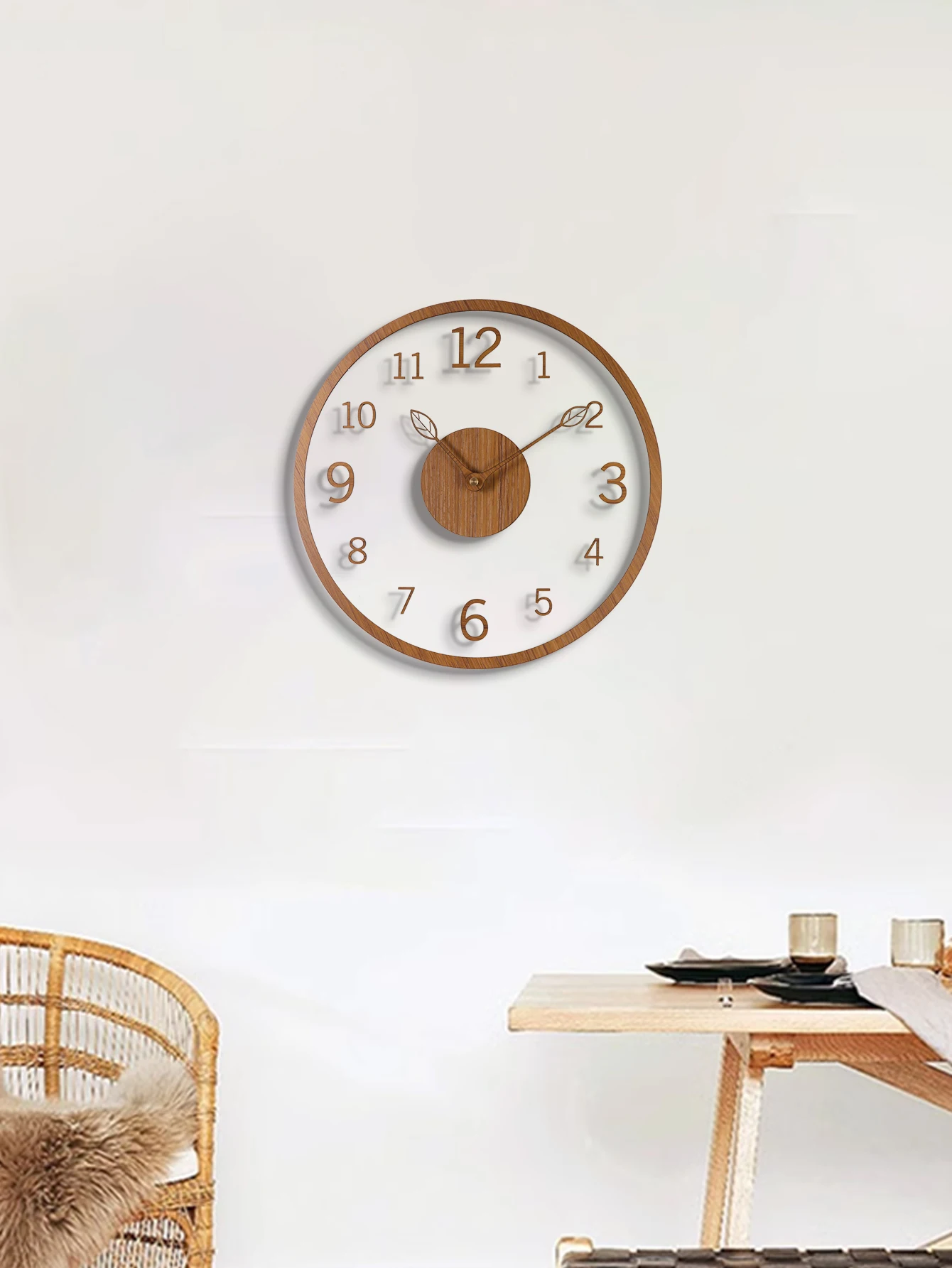 Transparent minimalist wall clock, tree leaf pointer, wood grain wall clock, silent living room, bedroom, office, and holiday de