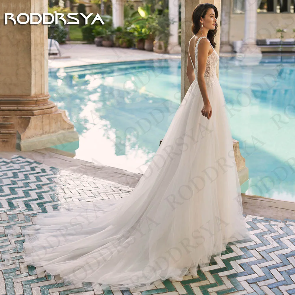 RODDRSYA Beach Wedding Dresses Boho Deep V Neck Charming Sleeveless Lace Appliques A Line Backless Bridal Gowns свадебное платье