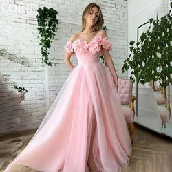 LORIE Pink Off Shoulder Tulle Evening Dresses A-Line 3D Flowers Ruffles Side Slit 2024 Pleated Prom Gowns for Formal Occasion