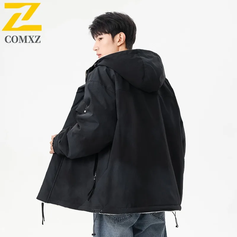 COMXZ Male Padding Jacket Casual Solid Color Outdoor Camping Warm Coat Fashion Hood Collar Streetwear Lightweight Winter Garment