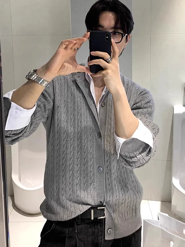 

Мужской вязаный кардиган свободного кроя из полиэстера: теплый, дышащий, универсальный, в корейском стиле