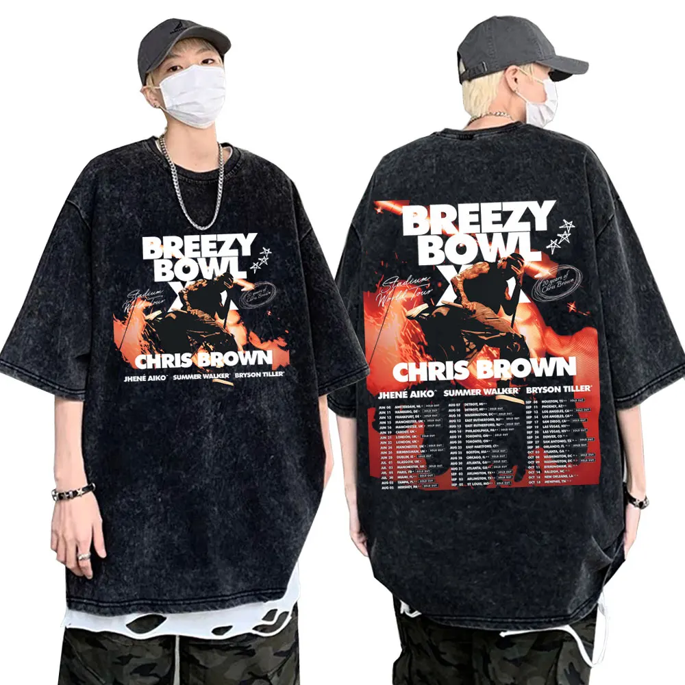 

Famous Rapper Chris Brown Breezy Bowl XX Tour 2025 Washed T Shirts Men Fashion Vintage Tee Shirt Male Hip Hop Oversized T-shirts
