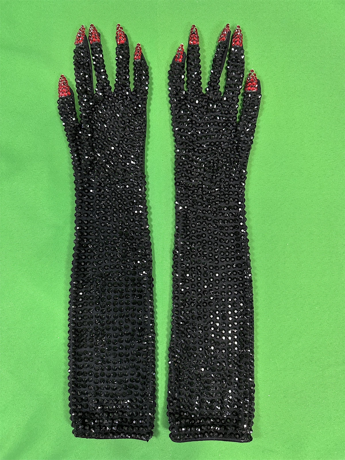 Guantes largos glamorosos negros con diamantes de imitación para mujer, accesorios elásticos de LICRA para club nocturno, escenario nocturno, cantante, fiesta
