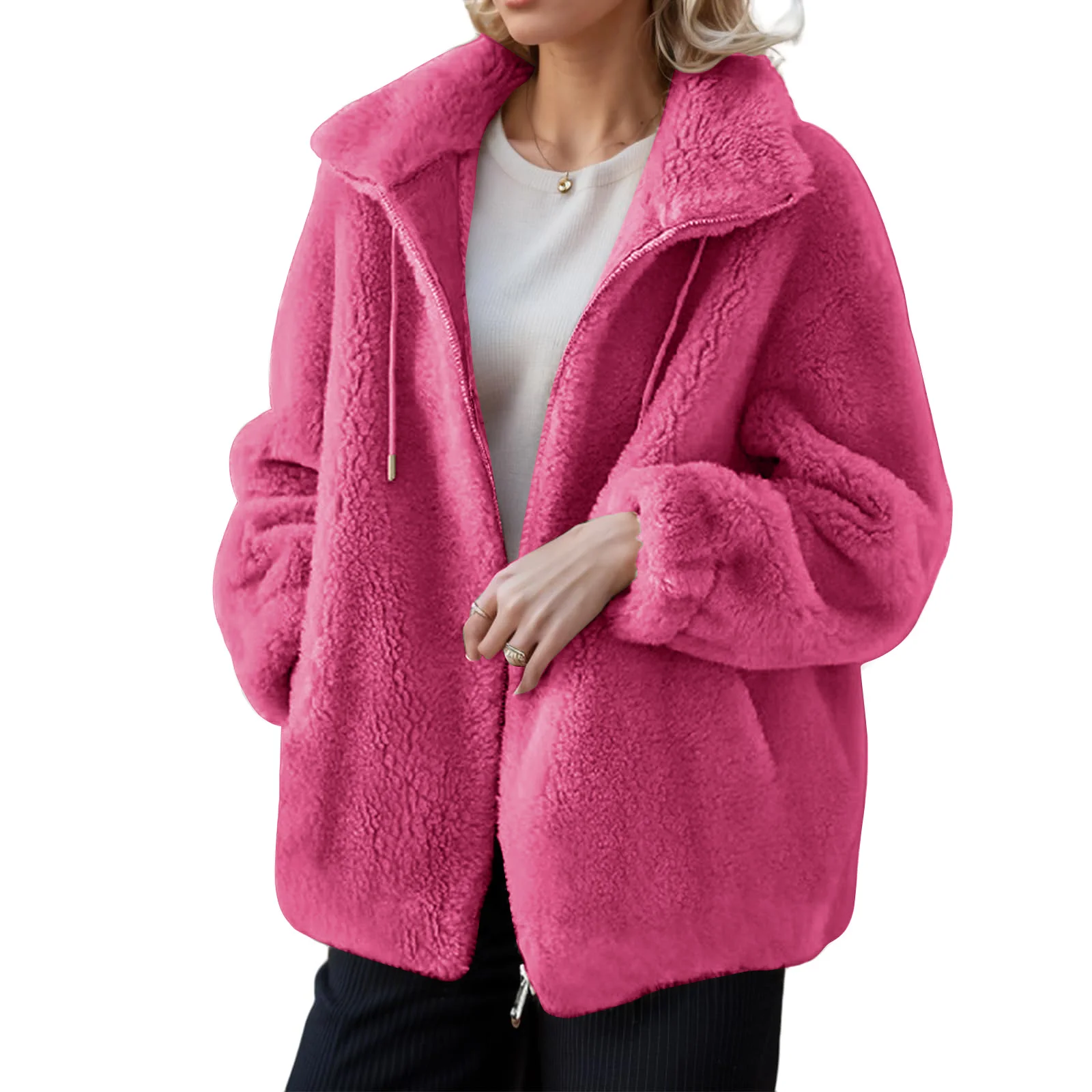 Women's Winter Thickened Double-sided Fleece Stand Collar Warm Cardigan Zipper Jacket Coat Female Solid Color Casual Outerwear