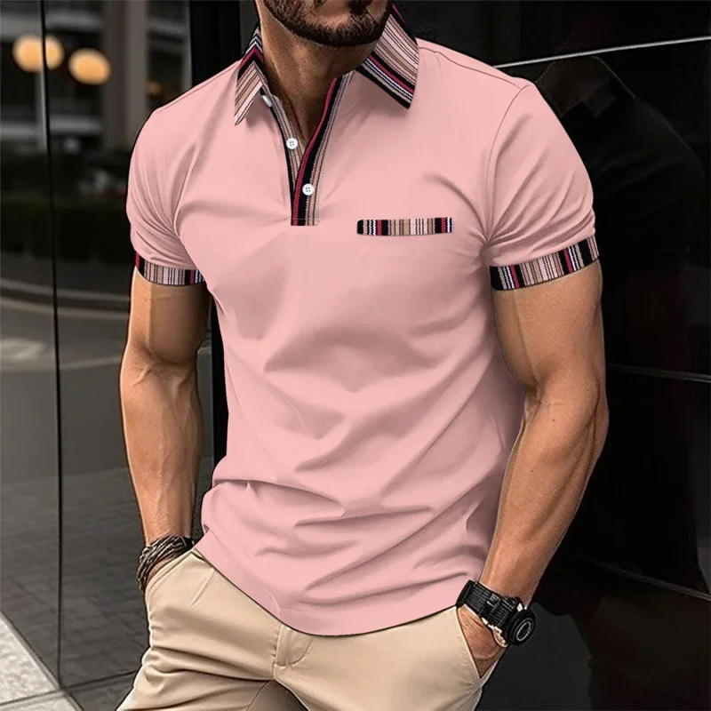 New cross-border Amazon men's casual polo shirt with fake chest pocket, 3D printed collar button, versatile men's T-shirt