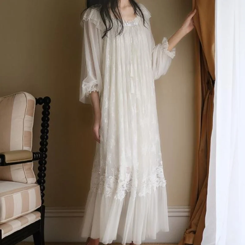 Fairy White Night Dress Women Sexy Lace Peignoir Long Sleeve Robe Dressing Gown Vintage Nightgown Princess Nightwear Sleepwear