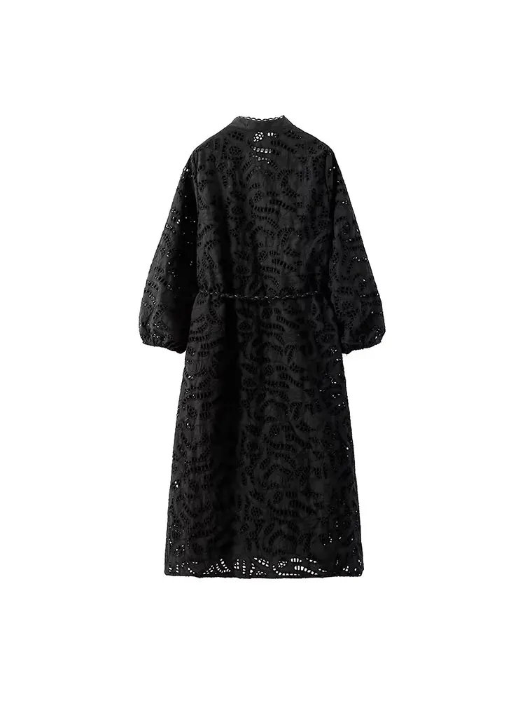 TRAF 2023 Summer Women\'s Dress New Fashion Hollow Out Embroidery Long Dresses for Women Long Sleeve Elegant Female Party Dress