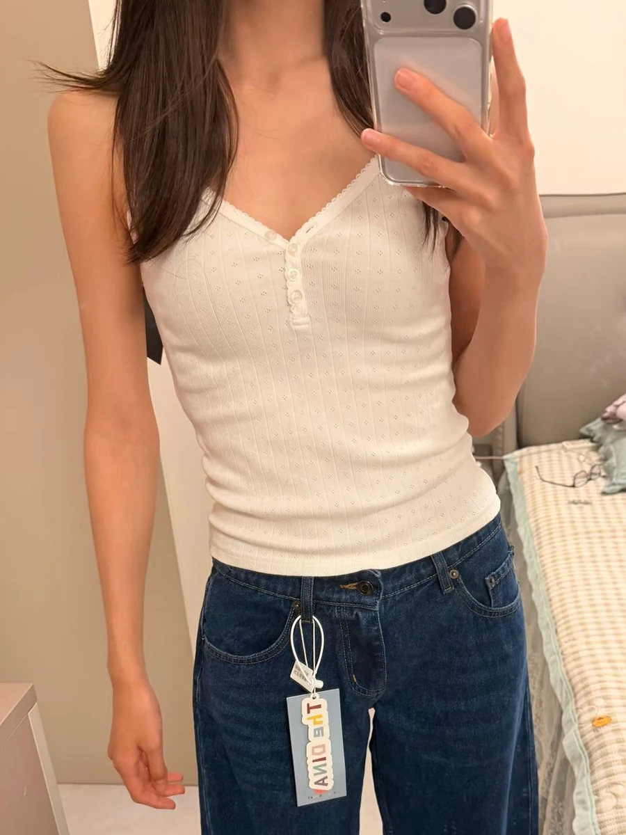 Buttons Eyelet Crop Top for Woman Summer V-neck Cotton Cropped Camisole Female White Simple Basic Tank Tops Slim Knitted Camis