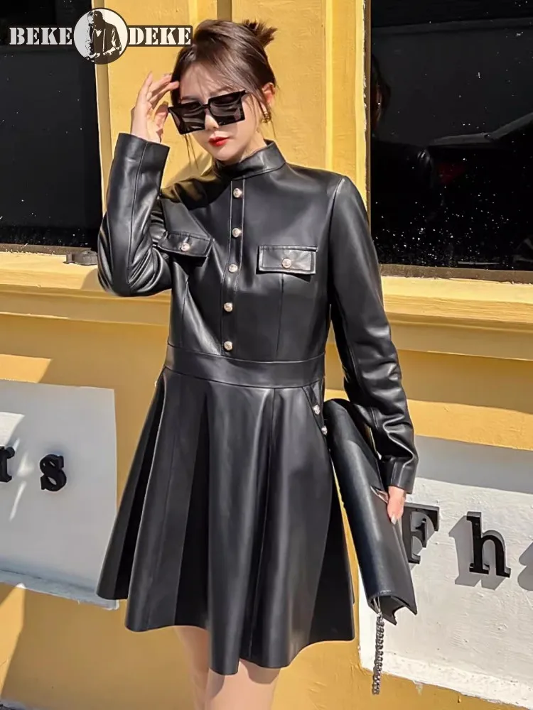 Spring New Women Long Sleeve Stand Collar Sheepskin Genuine Leather Dress Punk Style Ladies Slim Waist A Line Ladies Mini Dress