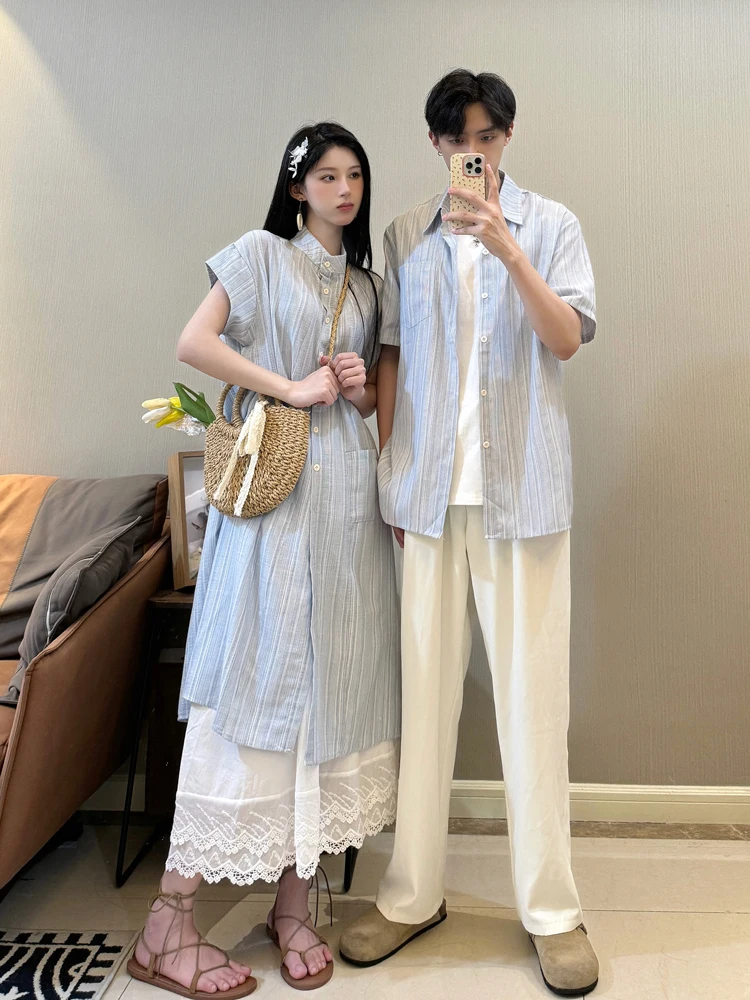 Couples Summer Striped Short Sleeve Loose Fit Shirt And Midi Dress Layering Outfit One Skirt One Shirt Youth Trend Casual Wear