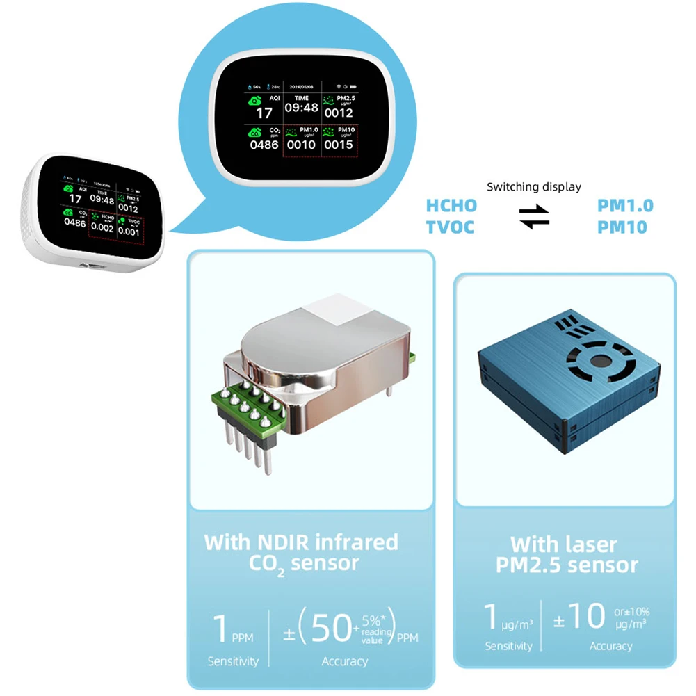 Tuya-Wifi空気検出器,10in 1,ポータブル,温度および湿度テスト計,pm2.5,pm1.0,pm10,co2,tuboo