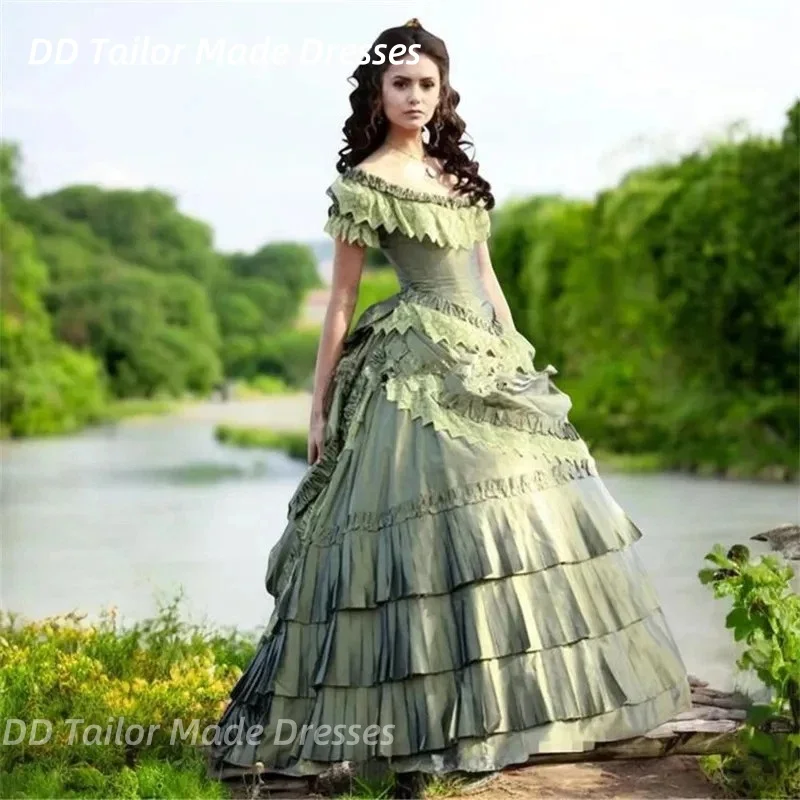 Gotisches viktorianisches Rokoko-Abschlussballkleid aus dem Südlichen Bürgerkrieg, Kostüm, U-Ausschnitt, Falten, gerüschtes grünes Vintage-Abendkleid, individuell gestaltet