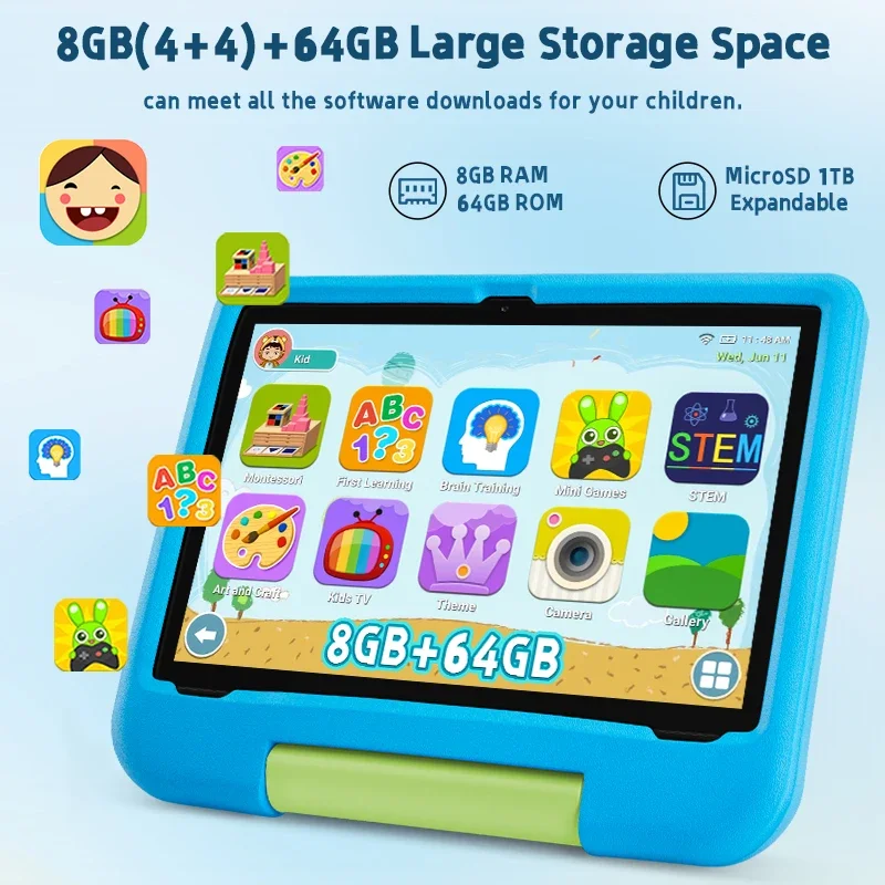 Tablet per bambini, tablet Android 15 per bambini da 10,1 pollici con schermo di protezione per gli occhi, 8 GB (4 + 4 GB) RAM 64 GB di archiviazione, batteria da 5000 mAh