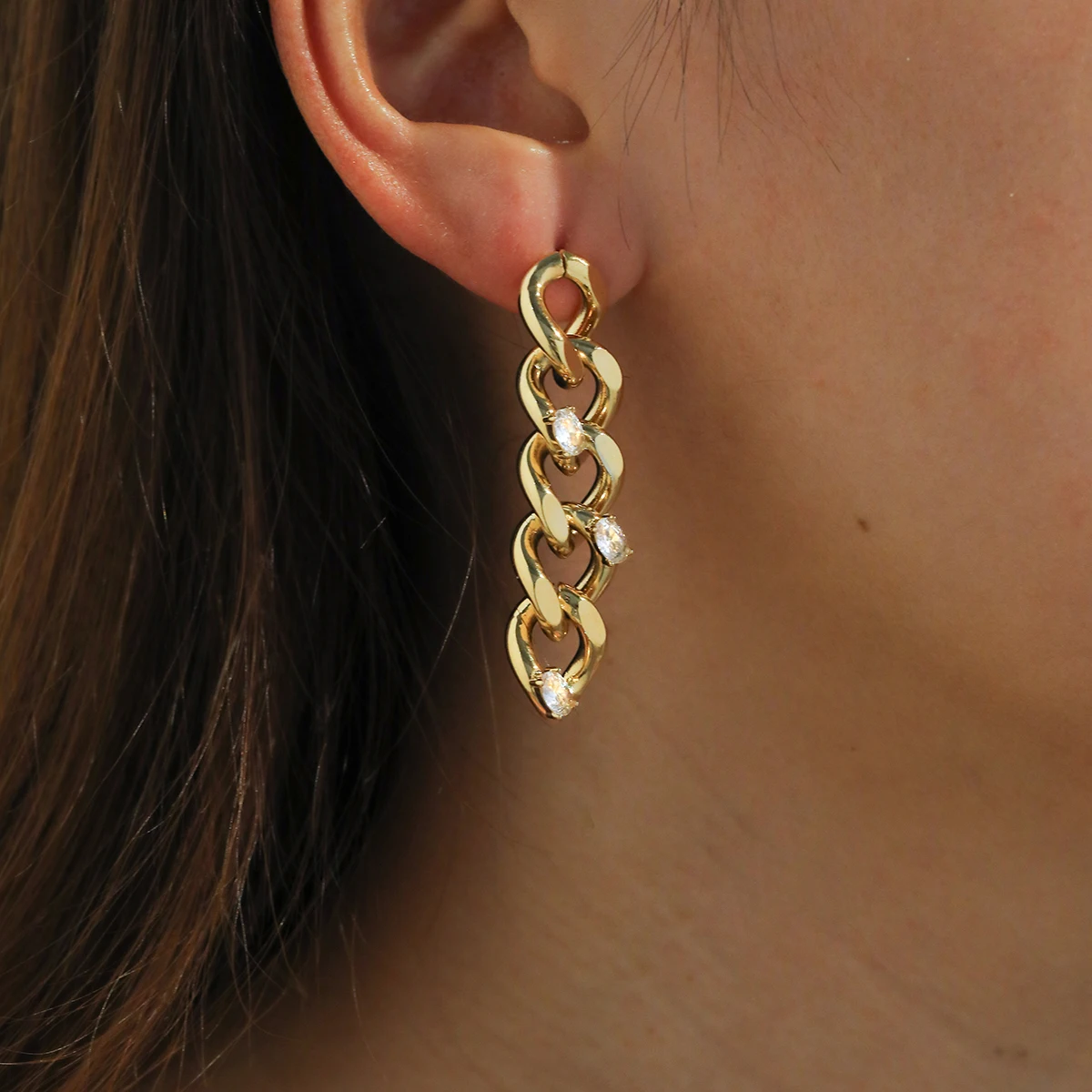 

Punk Cuban Link Chain Stainless Steel Stud Earrings 18K Gold Plated Rhinestone Handmade Dangle Earrings For Women Jewelry Gifts