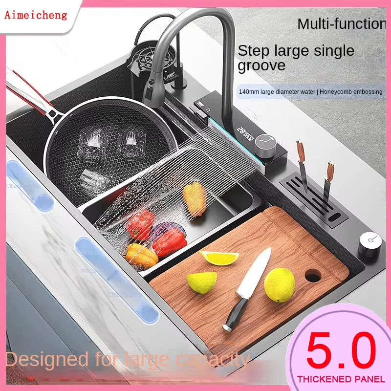 Digital Display Honeycomb Stainless Steel Waterfall Kitchen Sink Big Single Large Slot Faucet Set Multifunctional Wash Basin