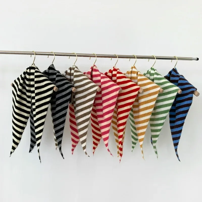 Women's Colorful Striped Wool Blend Triangle Knit Scarf Soft Japanese Multifunctional Neck Scarf