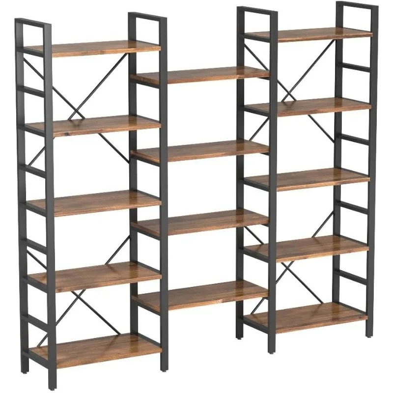 Triple Wide 5-Shelf Bookcase, Large Open Bookshelf Vintage Industrial Style Shelves Wood and Metal Bookcases Furniture for Home