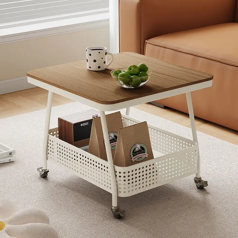 2-Tier Rolling Sofa Table, Wood Grain Top White Metal Frame Storage Basket Side Table With Lockable Wheels For Living Room