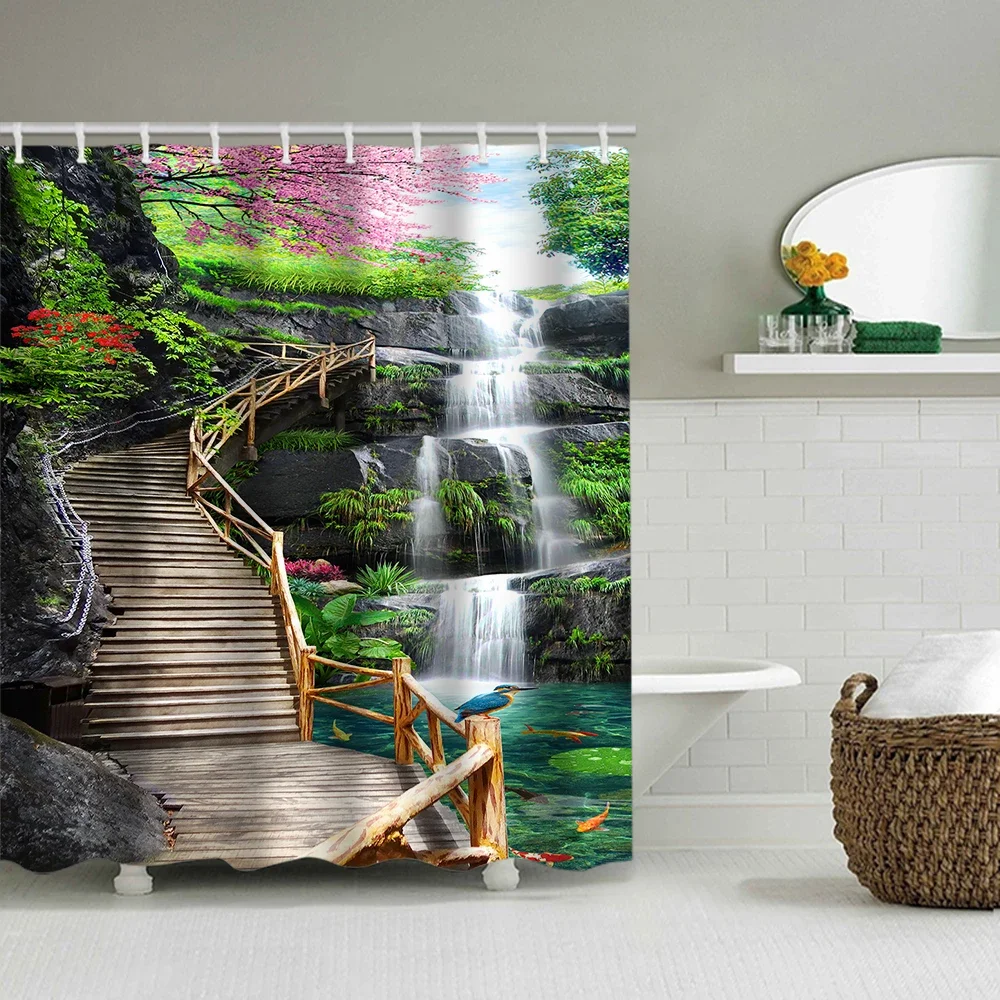 1/4 Forest Waterfalls shower Curtains, Toilet Seat Decoration, Shower Curtain with Carpet and Toilet Lid, 12 70.8x70.8 inch Hook