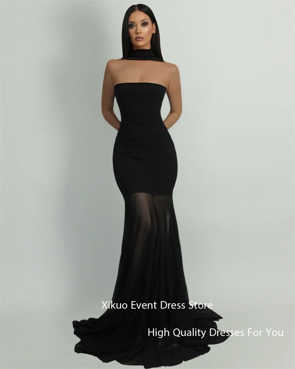 Xikuo فستان سهرة بسيط من الساتان الأسود حورية البحر الوهم بدون حمالات فساتين حفلات حديثة طول الأرض رداء De Soirée فام مخصص